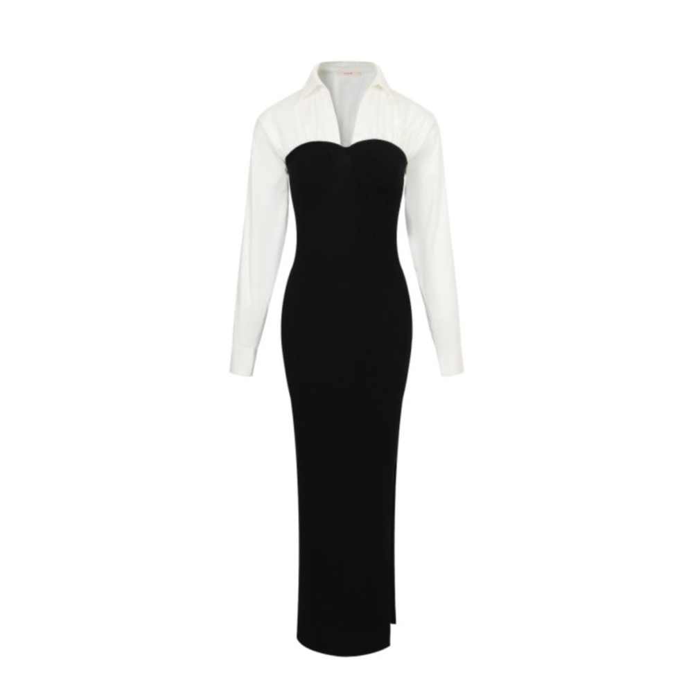 Two-Tone Black & White Long Sleeve Column Dress